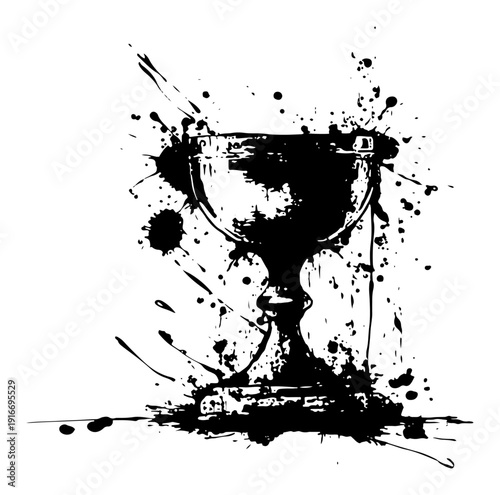 Religious holy grail chalice symbol created with messy black ink splatters and drips