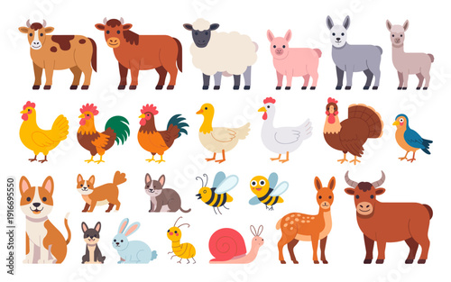Farm Animal Variety Illustration, Cute Cartoon Characters  Collection: Cow, Chicken, Sheep, Dog, Snail, Bee Icons for Kids Education, Organic Food, Animal Care Concept Graphic in Vector Design, Wildli