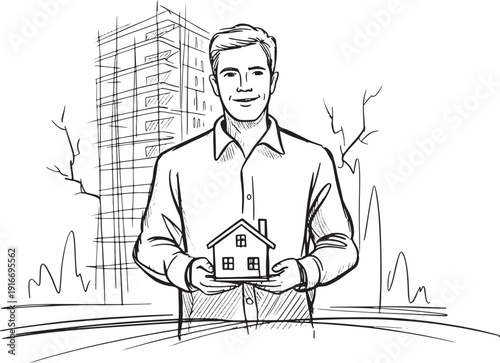 Smiling Architect With House Model and Skyscraper Sketch