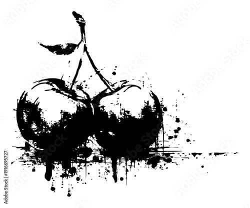 Pair of ripe cherries with artistic ink splatters and textured grunge background