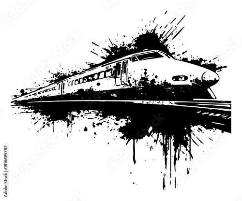 Modern high speed train moving fast in dynamic ink splatter style