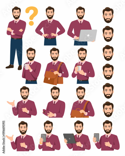 Stylish Bearded Businessman in Various Poses: Presenting, Questioning, Working, Thinking, Drinking Coffee – Modern Professional Man Character Vector Illustration Set for Business, Technology, Lifestyl