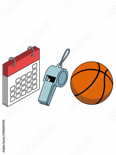 Basketball Season Planning Illustration: Organizing Sports Events and Training Schedules, with Coach's Whistle and Calendar for Game Management, Educational Purposes, and Active Lifestyle Promotion -