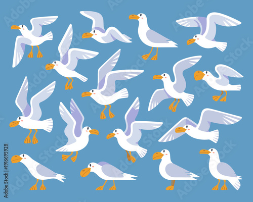 Cartoon Seagulls Soaring in a Blue Sky: Coastal Birdlife in Flight Pattern Design, Nautical Decor Elements, Beach Theme Illustration for Children's Products, Summer Vacation, Marine Adventure Concept,