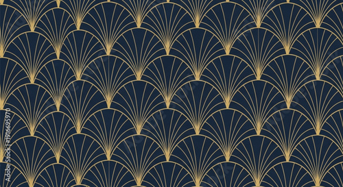 Art Deco pattern with gold fan-like arches on a dark blue background, creating a symmetrical and elegant geometric design, conveying luxury and sophistication.