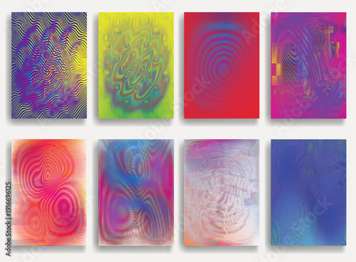 Moire patterns with interference lines.Vibrant op art geometric wave collection, abstract optical illusion set.Dynamic psychedelic moire distortion. Hypnotic line pattern posters, hologram effects.