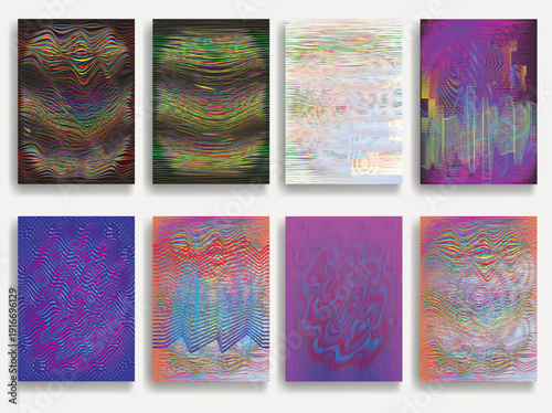 Moire patterns with interference lines.Vibrant op art geometric wave collection, abstract optical illusion set.Dynamic psychedelic moire distortion. Hypnotic line pattern posters, hologram effects.