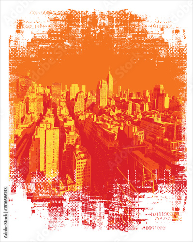 Vector banner with New York,  cityscape, skyscrapers and silhouettes of buildings. USA illustration in grunge style. Urban, street art. T-shirt design, tourist signboard, tourist postcard. Not AI