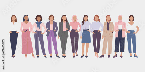 Diverse Professional Women Standing Together: Business Team Empowerment in a Modern Office Setting, Corporate Collaboration, Inclusion, and Female Leadership. Flat Vector Illustration, Inclusive and S