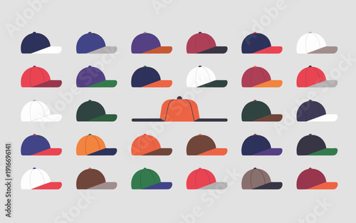 Collection of Baseball Caps Displayed on a Background, Sports Headwear Variety, Stylish Head Coverings for Sun Protection, Recreation, Fashion Accessory, Trendy Apparel, Diverse Colors, Vector Illustr