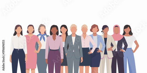 Diverse Women Standing Together: Female Empowerment in Business and Leadership, Collaboration and Unity in a Corporate Setting, Illustrating Professionalism, Equality, Supportive Teamwork, and Feminis
