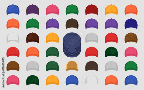 Colorful Baseball Caps Arrayed on Plain Backdrop: Sportswear Fashion Collection, Accessories, Individuality Presentation, Uniform Design, Merchandise Display, Team Spirit, Headwear Selection, Sporty A