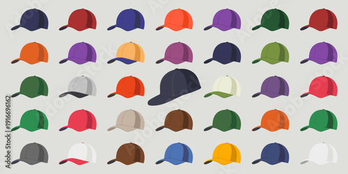 Variety of Baseball Caps Displayed on Neutral Background, Sport Headwear Collection, Fashion Accessories, Graphic Resource for Design Projects, Retro Cartoon Style, Summer Apparel, Diverse Colors, Kid