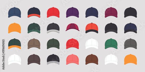 Array of Baseball Caps Offering Diverse Color Choices Mockup, Fashion Accessories for Team Sports and Casual Wear, Demonstrating Individuality for Sports Fanatics, Sporting Events, Uniform, Headwear F