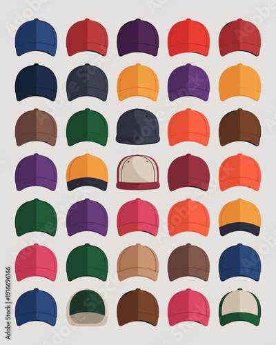 Diverse Baseball Caps Pattern: Stylish Collection of Flat Vector Hats Arrayed on Light Background, Representing Team Sport, Casual Fashion, Uniform Trends, Headwear Options for Men, Women, and Youth,