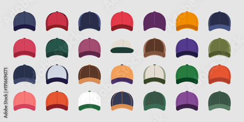 Baseball Caps Collection Vector Graphic: Diverse Headwear Assortment on Neutral Background showcasing Sportswear, Fashion Accessories, Uniform Elements, Protection from Sun, Casual Lifestyle, Style Op