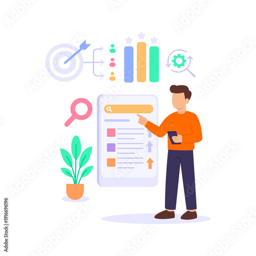 SEO Strategies, improving organic search engine rankings, Flat vector character illustration