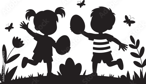 Kids hunting Easter eggs silhouette