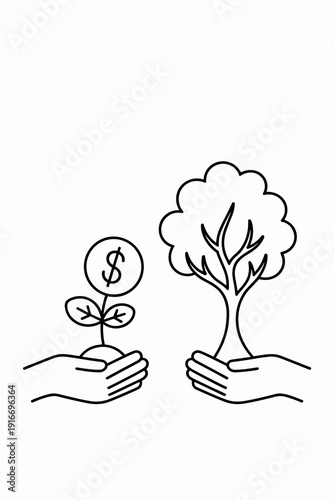 Planting Money Seeds and Growing Investments: Hands Nurturing a Dollar Seedling into a Lush Tree, Symbolizing Financial Growth, Investment Strategies, and Sustainable Economic Practices in a Minimalis