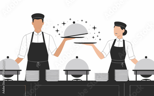 Professional Catering Staff Serving Delicious Food at a Shiny Buffet - Hotel Waiters Offering Fine Dining Experience, Event Service, Elegant Table Setting at Restaurant, Hospitality Industry, Luxury L