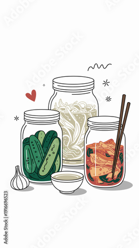 Fermented Foods Illustrations: Pickles, Kimchi, and Sauerkraut Jars Displayed with Love and Style – Healthy Eating, Gut Health, Probiotics, Korean Cuisine, Preserved Vegetables, Traditional Recipes, H