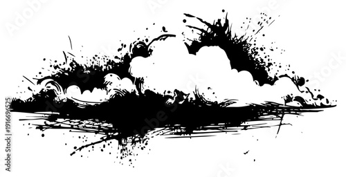 Abstract cloudy sky landscape with artistic ink splatters and grunge textures