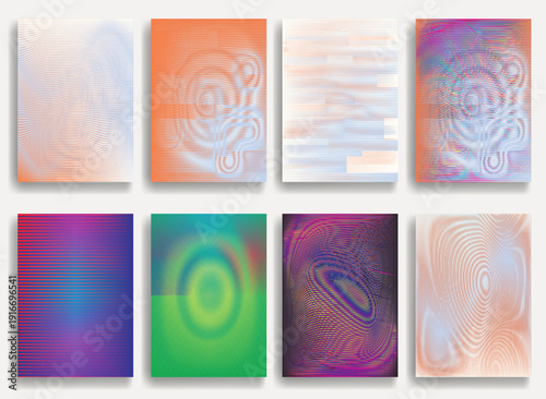 Moire patterns with interference lines.Vibrant op art geometric wave collection, abstract optical illusion set.Dynamic psychedelic moire distortion. Hypnotic line pattern posters, hologram effects.