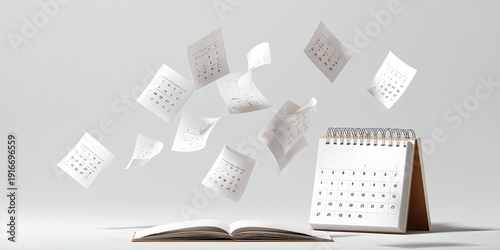 White desk calendar and open book with loose calendar pages flying mid-air against a light gray backdrop