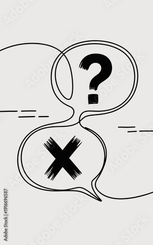 Questions and Answers in Conceptual Dialogue Illustration about Uncertainty and Negation, Representing Inquiry and Problems Solving, in Graphic Design Style, Business Meeting Idea, Black and White Art