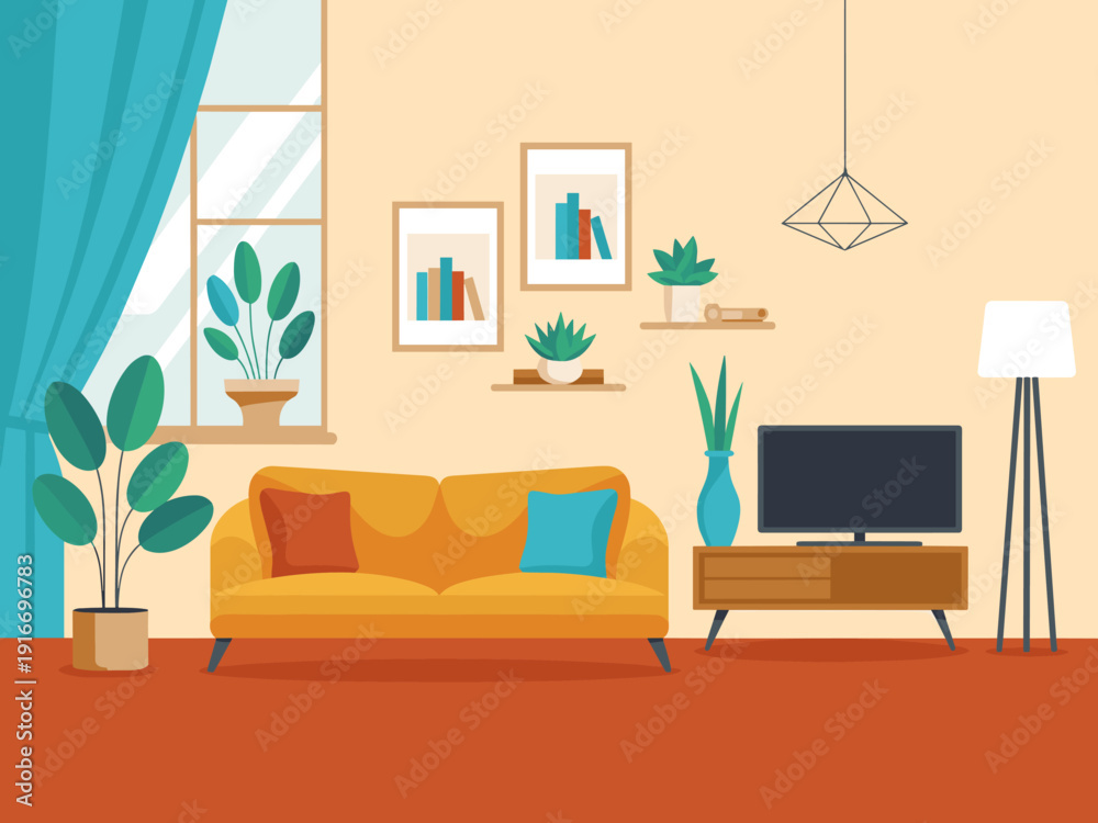 Fototapeta premium Serene Living Room Illustration: Comfortable Couch in Cozy Home Interior with Natural Light, Houseplants, Decor, and Artwork. Perfect for Interior Design, Relaxation, Calmness, Domestic Scene, Decor,