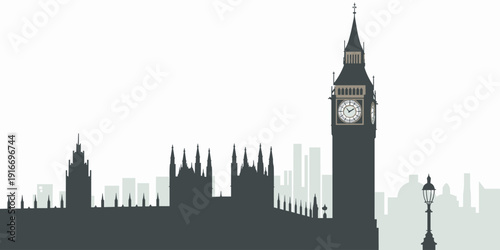 London Skyline Silhouette at Twilight: Vector Illustration Featuring Big Ben and Westminster Palace Overlooking Cityscape with a Vintage Lamp Post, Ideal for Travel Guides, Corporate Presentations, Ar