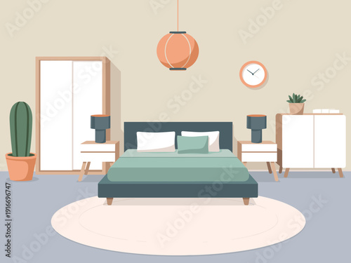 Stylized Cozy Bedroom Interior Design:  Minimalist Aesthetic in a Serene Home Decor Setting Illustrating Relaxation and Comfort, with Furniture, Bed, Rug & Lamp for Lifestyle, Residential Scenes in Ar