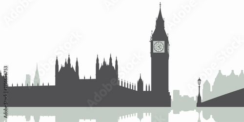 Iconic London Skyline Silhouette Reflecting Calm Waters at Dusk: A Stylish Vector Illustrating British Landmarks, Perfect for Tourism Concepts, Travel Industry, Cultural Designs, Evoking Peace, Tranqu