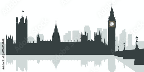 Iconic London Skyline Silhouette Reflecting on Water - Cityscape Illustration of Westminster Palace and Big Ben at Dusk, United Kingdom Capital - Travel Destination Artwork for Cultural Heritage Proje