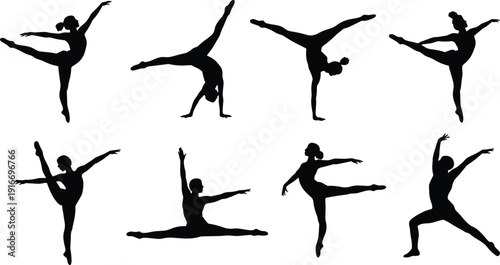 Set of eight black silhouette dancer figures in dynamic ballet and contemporary poses, showcasing flexibility, balance, grace, and expressive movement for artistic design projects