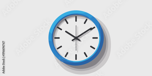 Blue Clock Telling Time in Modern Minimalist Style: Timeliness Concept, Punctuality Reminder on White Wall for Doctor's Office, Waiting Room. Deadline, Schedule, Appointment Reminder, Time Management,