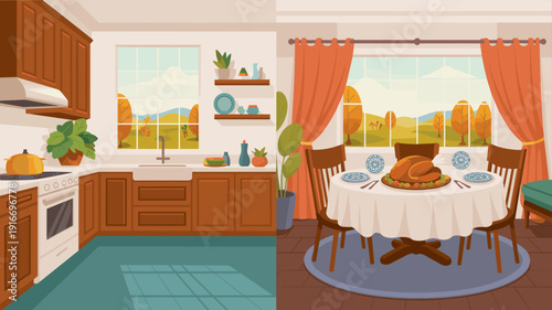 Thanksgiving Feast Preparation Illustration: Kitchen and Dining Room Scene with a Turkey Dinner Ready for Celebration, Holiday Meal Preparation and Family Gathering in a Cosy Home Setting, Vector Artw