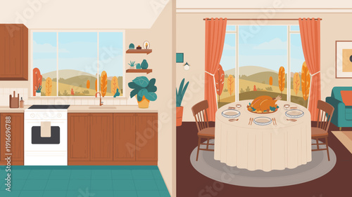 Thanksgiving Feast in an Autumn Interior: Holiday Gathering, Cheerful Home Scene with Festive Table Setting, Family Reunion, Seasonal Celebration,  Delicious Food, Cozy Room, Vector Illustration, Trad