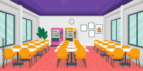 Bright School Cafeteria Setting, Cartoon Style Illustration: Vending Machines Offer Drink and Snack Options, with Tables and Chairs for Students, Faculty, and Staff to Eat Lunch and Gather, Educationa