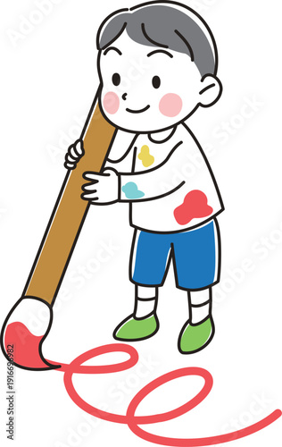 Illustration of a boy painting with a large paintbrush
