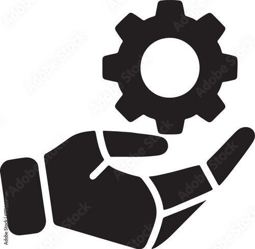 Robotic hand holding gear icon, artificial intelligence and automation technology solid vector illustration