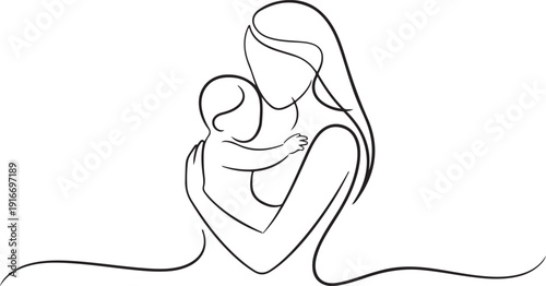 Mother and baby line art. Mom hugs child. Motherhood and newborn concept. Happy mother line vector illustration. Parent loving kid, happy mother day design for card