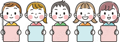 Frame illustration of cute children holding the pink and light blue message boards
