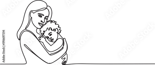 Mother and baby line art. Mom hugs child. Motherhood and newborn concept. Happy mother line vector illustration. Parent loving kid, happy mother day design for card