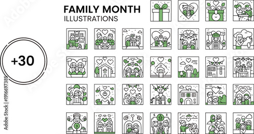 Large collection of family month illustrations featuring over 30 green accented line icons for parenting home life and love