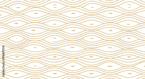 Seamless pattern of wavy, gold lines on a white background, resembling abstract waves. The design feels smooth and calming, with a minimalistic style.
