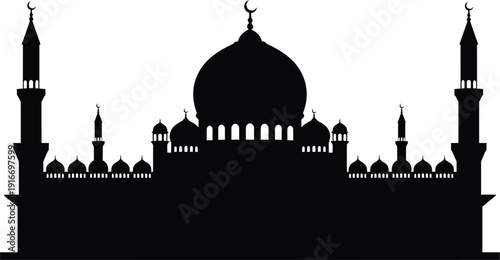 Silhouette of a mosque with domes and minarets