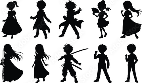 Set of ten black silhouette cartoon and anime characters in dynamic poses, showcasing diverse hairstyles, accessories, and stances for illustration, fantasy, and design projects