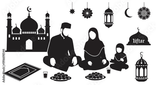 Vector silhouette icon set of people enjoying Ramadan Kareem
