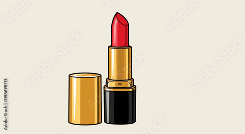 Red lipstick tube illustration with cap removed showcasing vibrant color in a simple graphic style